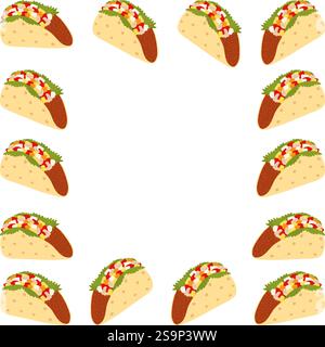 Mexikanische Tacos mit Fleischfüllung, Salatblättern und Salsa-Sauce Square Frame. Taco-Tagesvorlage. Kopierraum isolierte Vektor-Illustration Thematische oder Grußkarten oder Web-Promo-Broschüren, Banner Stock Vektor