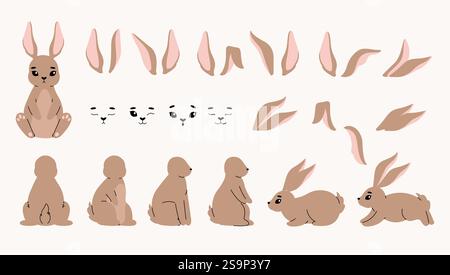 Comic Hase Elemente. Niedliches Kaninchen Gesicht Ohren Schwanzpfote, Kaninchen Frühling osterfeiertage Dekoration, flache Kinder Hasen Aufkleber Scrapbooking Konzept Stock Vektor