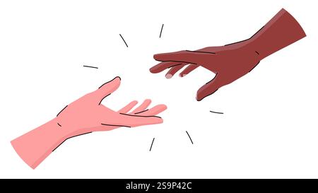 Vektorillustration, die die Hände von Menschen zeigt, die sich gegenseitig ausstrecken. Menschen, die verschiedenen Rassen angehören, reichen einander die Hände aus. Th Stock Vektor