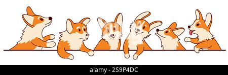 Niedliche Corgi-Borte. Hündchen und Welpen Cartoon Charakter, lustiger walisischer Hund mit glücklichem Gesicht, verspielte Welpen mit verschiedenen Emotionen. Vektor-Corgi-Hunde Stock Vektor