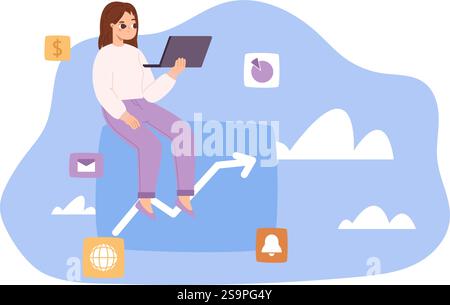 Geek Girl arbeitet mit Laptop. Programmierung, Analyse, Buchhaltung, Marketing weltweit. Freiberuflich und Remote Working. Wachstumsindikatoren Vektorkonzept Stock Vektor
