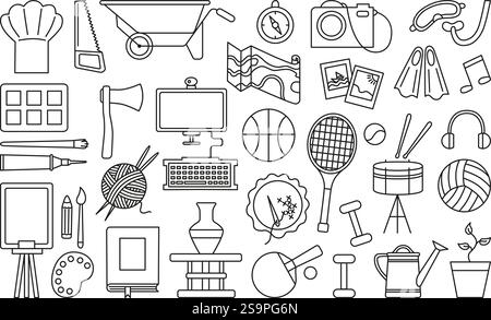 Hobby-Kritzelsymbole. Freizeit- und Freizeitausrüstung. Sport Stricken Zeichnung Gartenarbeit Programmierung Ton Formstickerei, neoterische Vektorsatz Stock Vektor