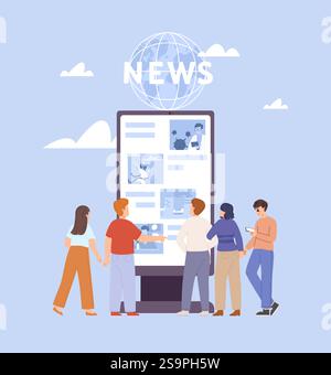 Menschen lesen weltweit Nachrichten auf Plakatwänden. Information für Bürger, öffentliche Medien. Frauen und Männer stehen in der Nähe von Info Point, Vektorszene Stock Vektor