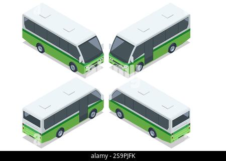 Ein isometrisches Display eines kompakten grünen Überlandbusses aus allen Blickwinkeln, das sein schlankes und funktionales Design für Intercity-Reisen unterstreicht. Stock Vektor
