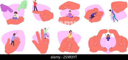 Winzige Leute in großen Händen. Konzeptpsychologische Bilder mit Händen, die Menschen exaktes Vektorillustrationsset halten Stock Vektor