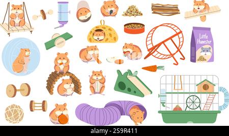 Lustiger Hamster. Haustier Zubehör Sammlung Käfig Spielzeug und Lebensmittel neue Vektor flache Illustration des Hamster Lebensstils Stock Vektor