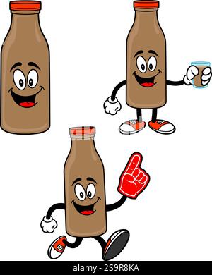 Schokoladen-Milch-Maskottchen-Set, handgezeichnet Vektor-Illustrationen, isoliert auf transparentem Hintergrund Stock Vektor
