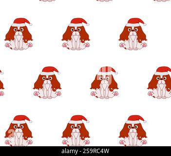 Hund Kavalier König charles Spaniel in santa Hut nahtlose Muster Vektor Santa Claus Xmas Schneeflocke Zeichentrick isolierte Fliese Hintergrund Wiederholung Wallpaper il Stock Vektor