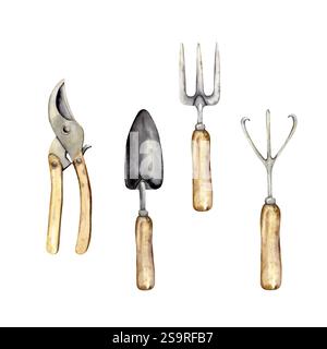 Set mit Aquarellgartenwerkzeugen Stockfoto