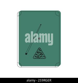 Minimalistische Billardtisch-Vektor-Illustration mit Queue, Kugeln und Dreiecksständer. Sportdesign, Bar, Pub, Spielsalon, Billardthemen. Stock Vektor