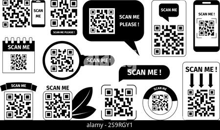 Barcodes für den Scan. QR-Codes Badges, E-Wallet, digitale Zahlungsvorlage für App oder Website. Mobile und druckbare Elemente scannen, aktuelle Vektorentwürfe kennzeichnen Stock Vektor