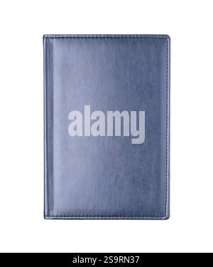 Neues blaues geschlossenes Leder-Tagebuch isoliert auf weiß. Stockfoto