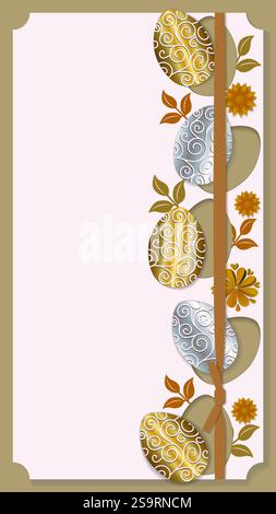 Frohe Ostern. Vertikales Schablonendesign mit goldenen und silbernen Ostereiern. Flacher STYLE. Isolierte Vektordarstellung. Stock Vektor