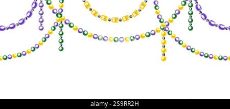 Grüne, lila, gelbe Perlengirlande in den Farben des Mardi Gras Festivals Aquarell horizontales nahtloses Banner isolierter Hintergrund. Halskette aus Glas. Stockfoto