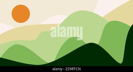 Minimalistische Boho Landschaft Illustration mit Rolling Green Hills und heller Sonne. Stock Vektor