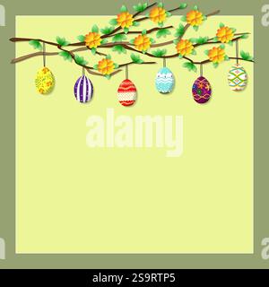 Frohe Ostern. Quadratisches Schablonendesign mit dekorativen Ostereiern, die an Zweigen mit Blättern und Blumen hängen. Isolierte Vektordarstellung. Stock Vektor