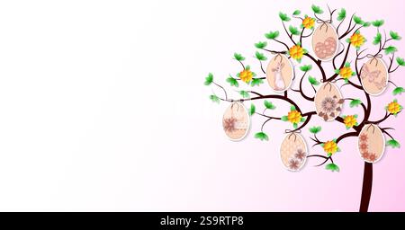 Frohe Ostern. Horizontales Schablonendesign mit Baum, Blättern, Blumen, dekorativen Ostereiern. Isolierte Vektordarstellung. Stock Vektor