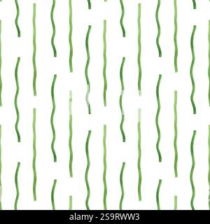 Aquarellabstrakte geometrische Wellenform grün gefütterte Textur nahtloses unregelmäßiges Muster isolierter Hintergrund. Handgemalte, gekrümmte Pinselstreifen verzieren sich Stockfoto
