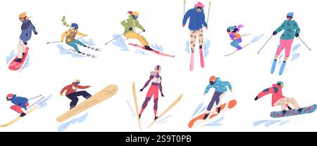 Menschen Skifahrer Snowboarder. Glückliche Ski- und Snowboardfahrer Action Posen, Familie Winter extremer Aktivsport Spaß Skifahren Snowboarden Bergresort, Set Classy Vektor Illustration Original Kunstwerk Stock Vektor