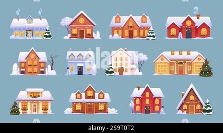 Cartoon Winter Cottages. Schneebedeckte Hütten, weihnachtsdorf ländlicher gemütlicher Bungalow Bergchalet Holzhäuser überdachte Schneekapes Vorstadtwohnungsset, schicke Vektor Illustration Original Kunstwerk Stock Vektor