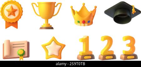 Symbole für 3D-Auszeichnungen. Belohnung Rendering, Kunststoff goldene Trophäe Cup Star Achievement Champion Medaille Siegerplätze, Graduation Cap Preis Zertifikat Qualitätsstempel grell Vektor Illustration Original Artwork Stock Vektor