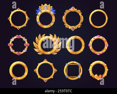 Goldene Avatarrahmen. Fantasy Spiel Gold Rahmen, User Rank Award Belohnung kreisförmige Grenzen rpg Gaming ui Asset mittelalterliche Royals runde Elemente, Set Cartoon Swanky Vektor Illustration Original Artwork Stock Vektor