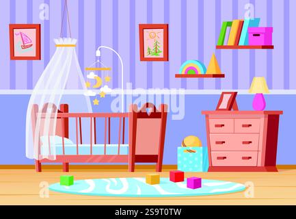 Babybettzimmer. Kinderzimmer-Schlafzimmer-Innenraum mit Kommode und Krippe-Bett für Neugeborenen Schlaf, Kinderheim-Möbel Kinderspiel nette kindliche Dekoration, Zeichentrick flache aufgeräumte Vektor-Illustration Original-Kunstwerk Stock Vektor
