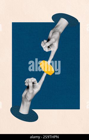 Trend-Kunstwerk Banner Skizze 3D-Foto-Collage der Hand zeigt Geste Finger Körper Sprache Fingerberührung Gold Münze Finanzen Einkommen reich Geld Stockfoto