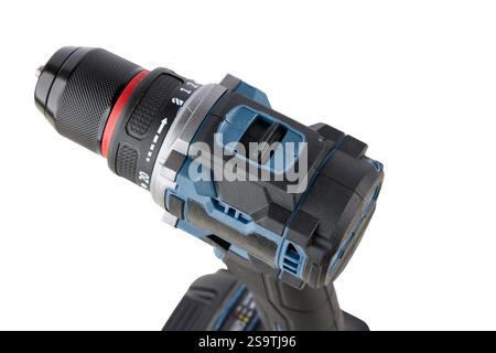 Akku-Bohrmaschine mit 98 V Lithium-Batterie, ergonomischem Griff und vielseitiger Funktionalität. Perfekt für Bauarbeiten, Heimwerkerprojekte und Reparaturen Stockfoto