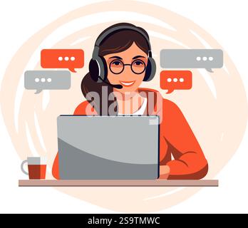 Kundenservicekonzept. Frau mit Kopfhörer und Mikrofon mit Laptop. Support, Unterstützung, Call Center. Vektorgrafik. Flacher Style Stock Vektor