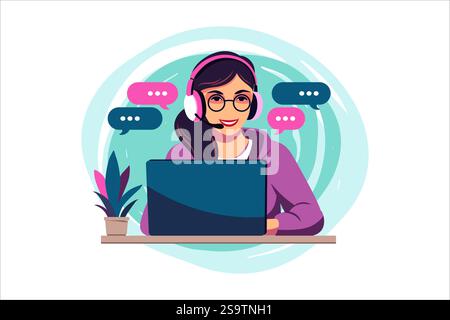 Kundenservicekonzept. Frau mit Kopfhörer und Mikrofon mit Laptop. Support, Unterstützung, Call Center. Vektorgrafik. Flacher Style Stock Vektor