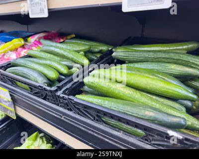 Frische Gurken werden in einem lebhaften Lebensmittelgeschäft während des sonnigen Nachmittags präsentiert Stockfoto