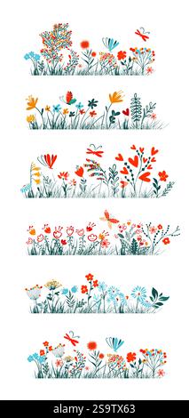 Frühlingszeit bunte Kritzelblüten. Abstrakter bunter floraler Vektor-Hintergrund. Set dekorative süße Blumen mit Schmetterlingen. Handzeichnung. Nicht AI Stock Vektor