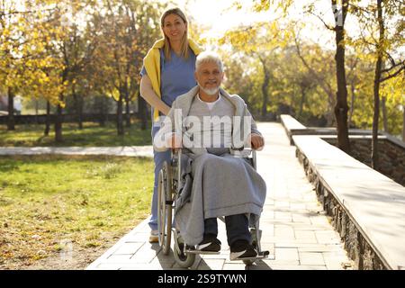 Betreuungsperson hilft Senioren im Rollstuhl im Park. Häuslicher Gesundheitsdienst Stockfoto