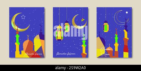 Ramadan Kareem 2025 Vektor Set bunte Karte. Goldener Halbmond auf sternenblauem Hintergrund. Modernes Urlaubsposter, islamische Symbolmoschee, Laternen. Muslimisch Stock Vektor