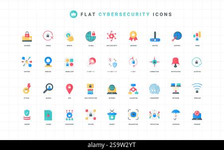 Cybersicherheit, sicherer Zahlungsbetrieb und Hosting, Datenschutz für Computer im Netzwerk, Farbsymbole für mobile Apps. Biometrische Erkennung, Systemaktualisierung der Vektorgrafik für abgewickelte Elemente Stock Vektor