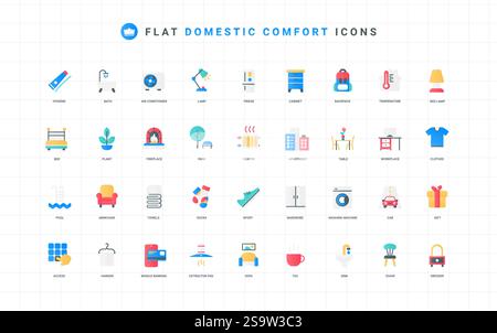 Zubehör für Hygiene und elektrische Geräte für den Wohnkomfort Farbsymbole. Möbel und Pflanzen der Wohnung, Parkbereich und Swimmingpool, Kühlschrank in der Küche flache Elemente Vektor-Illustration Stock Vektor