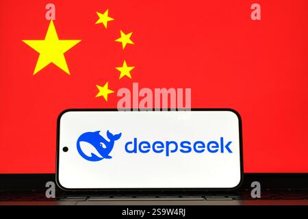 DeepSeek AI-Firmenlogo auf dem Smartphone und verschwommene chinesische Flagge auf dem Hintergrund. Konzept für einen neuen chinesischen KI-Rivalen zu ChatGPT. Stafford, U Stockfoto