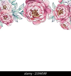 Weiche rosa Pfingstrosen in Aquarellfarben vermischen sich wunderbar mit leuchtendem Grün und schaffen ein elegantes Blumenarrangement voller Charme und Kunstfertigkeit Stock Vektor