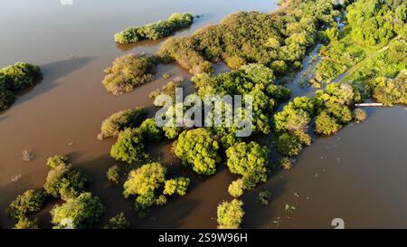 Die Natur am Amur in Russland. Aus der Vogelperspektive mit einem überfluteten Wald, mit kleinen Inseln, die aus dem schlammigen braunen Wasser ragen, die die zeigen Stockfoto