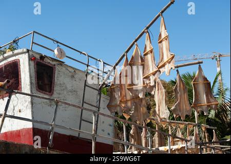 Getrockneter Kabeljaufisch hängt an einer Bootsstruktur. Camara de Lobos auf Madeira Portugal Stockfoto