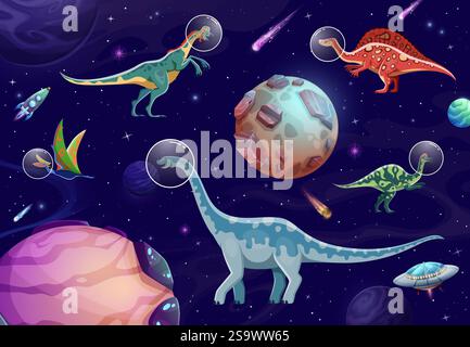 Cartoon-Dinosaurier-Astronauten im Weltraum. Vektor-Dino-Charaktere in Helmen, umgeben von Sternen, Planeten, Sternbildern und Kometen. Spielerische Bilder Stock Vektor