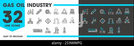 Symbole der Gasölindustrie für Tankfahrzeuge, Rohrleitungen, Anzeigen und Ventile. Vektorenergie und chemische Industrie umreißen Symbole für Öl und Gas extrac Stock Vektor