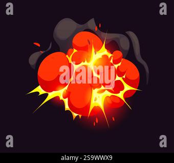 Bombe Explosion Cartooneffekt mit Rauchwolke und Feuer für Comic-Spiel, Vector Blast. Bombenexplosion oder Explosionsarm explodieren und Blitzenergie mit r Stock Vektor
