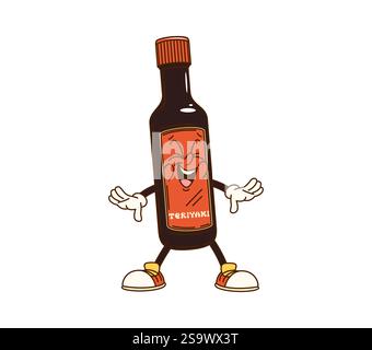 Cartoon groovige Teriyaki Soße Flaschenfigur mit lustigem Gesicht, Vektor-Comic. Groovige, flippige Teriyaki-Soße-Cartoon-Figur mit fröhlichem Lachen Stock Vektor