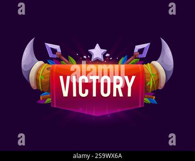 Das Symbol für den Sieg des Spiels, die Auszeichnung, das Banner auf der Benutzeroberfläche, der Belohnungsbildschirm mit Stahlhörnern, Stern, erhobenen Speeren und grünen Blättern. Cartoon vecto Stock Vektor
