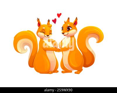 Eichhörnchen paaren sich mit Liebesherzen, lustige Zeichentrickfiguren von wilden Tieren, Vektorfiguren. Zwei verliebte Eichhörnchen oder Freunde, die sich an den Pfoten halten Stock Vektor