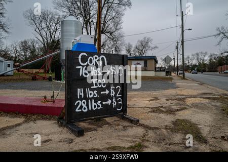 Ein Schild wirbt für Mais zum Verkauf. Die Maisbauern haben ein niedriges Einkommen, und die derzeitigen Produktionskosten sind bei den derzeitigen Getreidepreisen nicht tragbar. Stockfoto