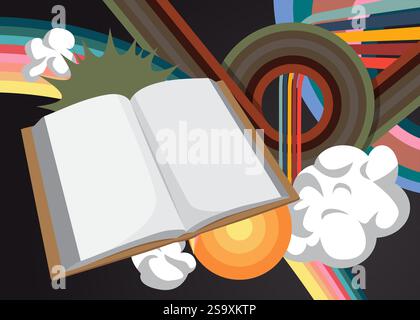 Retro 70er Jahre Hintergrund mit Buch. Groovige Bildungs-Kunstvorlage aus den 1970er Jahren. Minimalistisches Poster im Vintage-Design. Altmodische Farbvorlagen. Stock Vektor