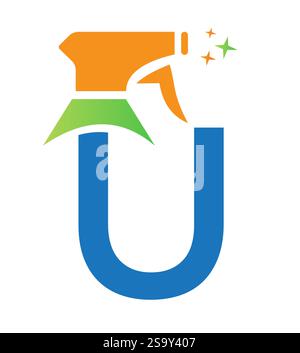 Initial Letter U House Cleaning Logo Konzept mit Hygiene Sprays Symbol Stock Vektor